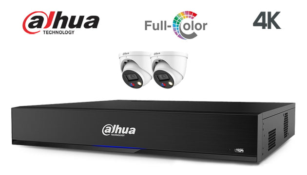 Dahua-Kit-17-IP, 4K, full colour, turret, TIOC, 2 camera IP CCTV system, white 