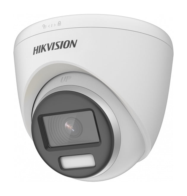  The Hikvision DS-2CE72KF0T-FS(2.8mm) ColorVu 3K AoC turret CCTV camera is shown mounted on a wall, capturing a clear and colorful image of its surroundings.